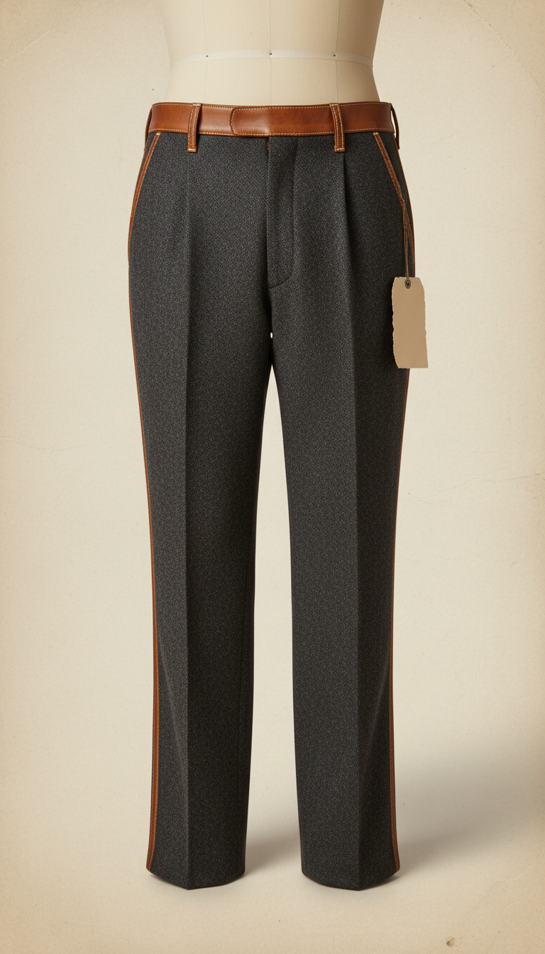 Tobacco wool trousers with leather trim