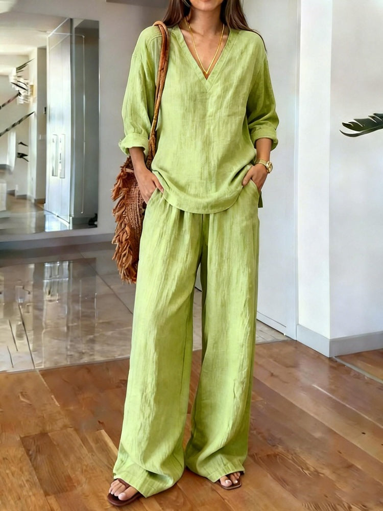 Women's V Neck 3/4 Sleeve Linen Look Two Piece Set, Loose Wide Leg Pants Casual Matching Outfit