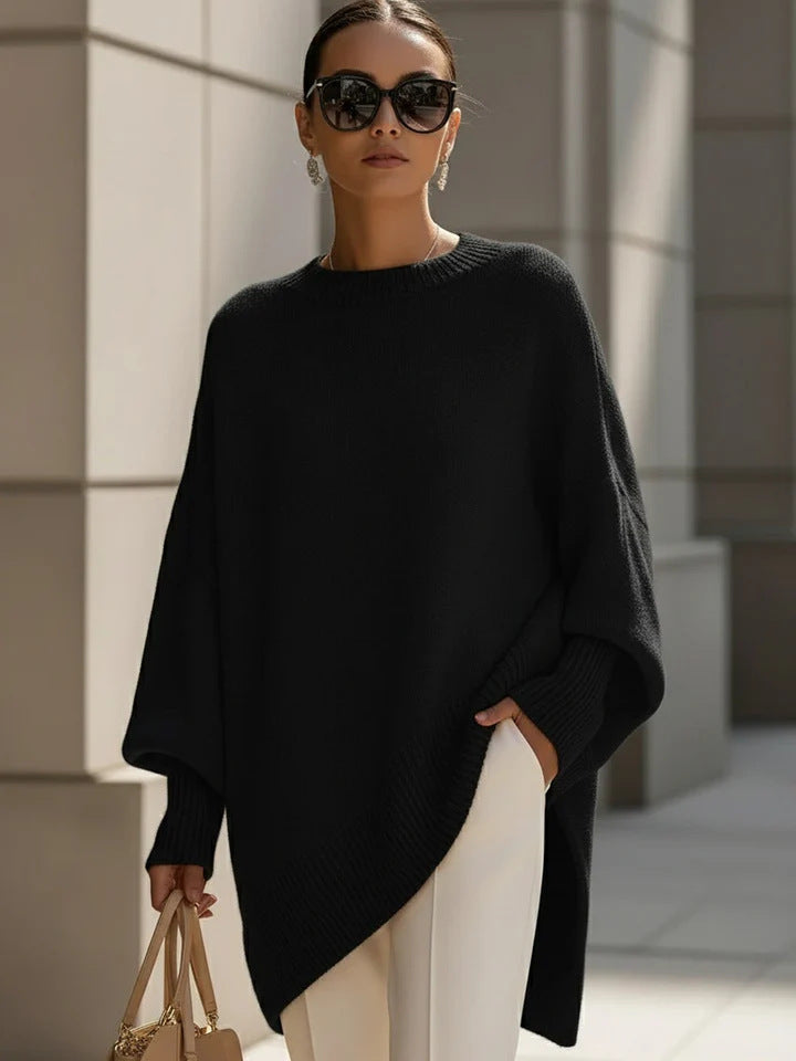 Oversized Crew Neck Knit Sweater Women, Loose Lazy Style Batwing Sleeve Asymmetric Hem Pullover Jumper