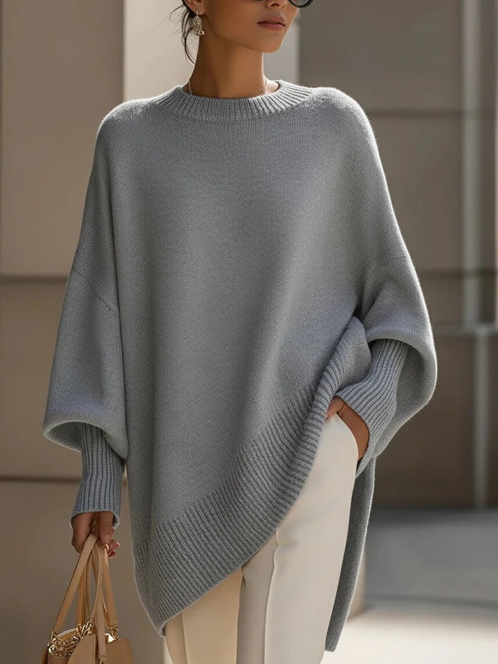 Oversized Crew Neck Knit Sweater Women, Loose Lazy Style Batwing Sleeve Asymmetric Hem Pullover Jumper