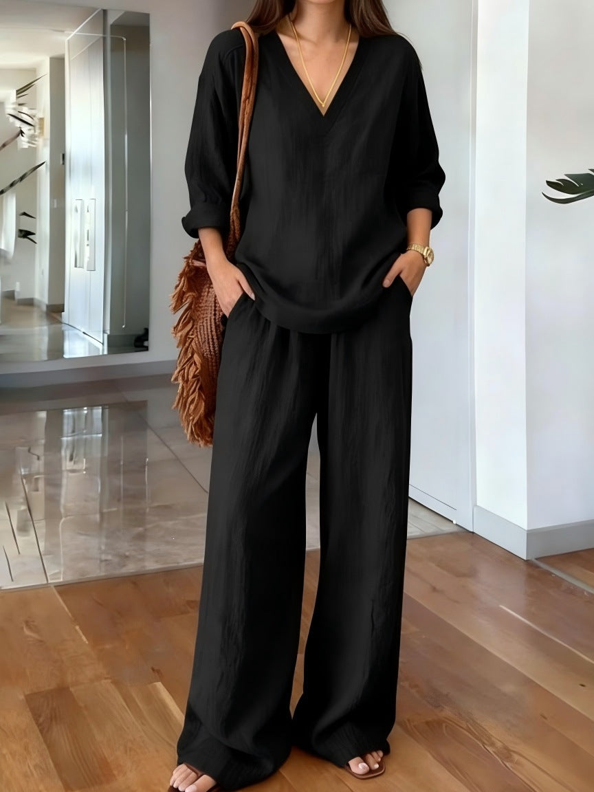 Women's V Neck 3/4 Sleeve Linen Look Two Piece Set, Loose Wide Leg Pants Casual Matching Outfit