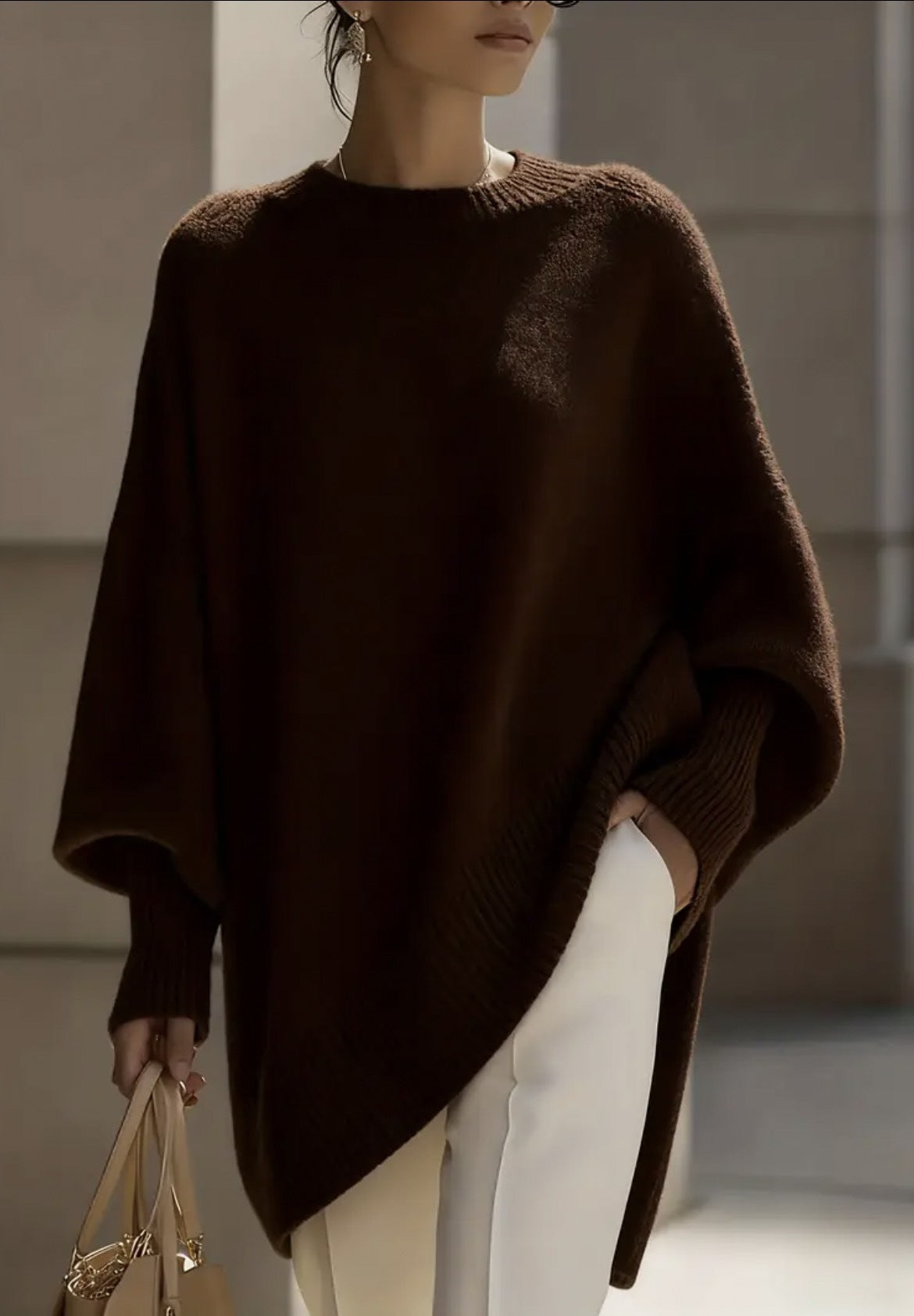 Oversized Crew Neck Knit Sweater Women, Loose Lazy Style Batwing Sleeve Asymmetric Hem Pullover Jumper
