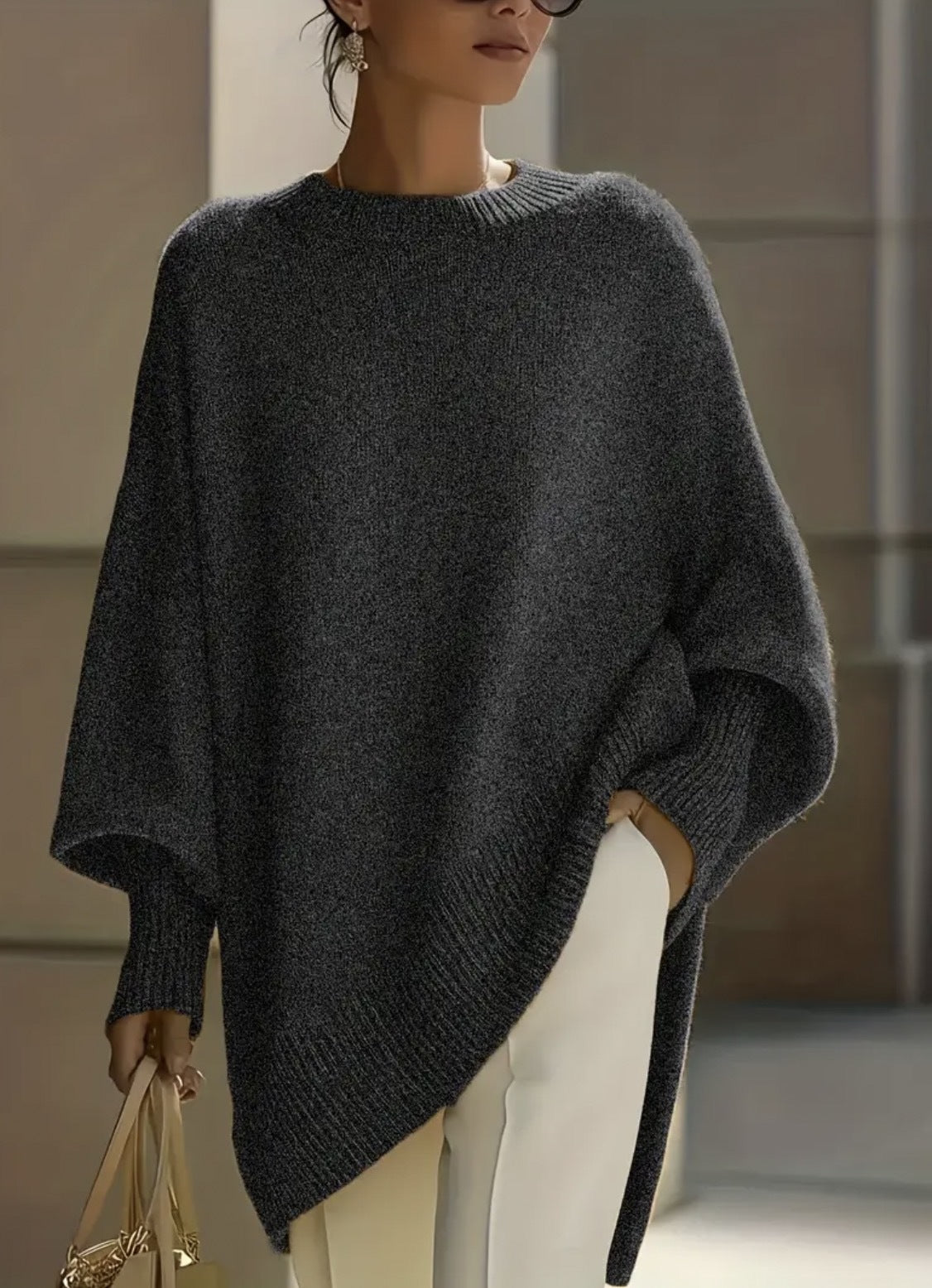 Oversized Crew Neck Knit Sweater Women, Loose Lazy Style Batwing Sleeve Asymmetric Hem Pullover Jumper